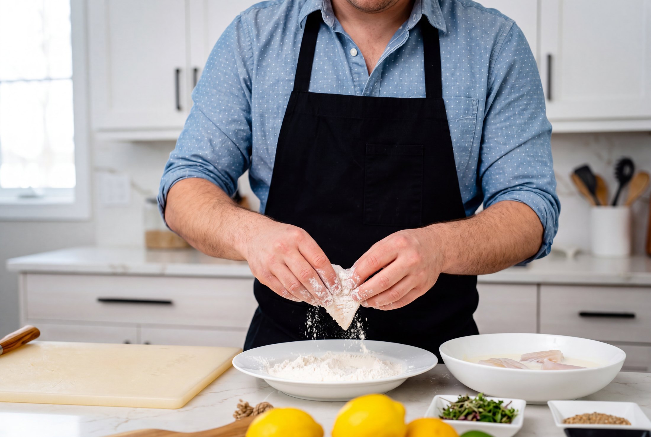 Dredging a buttermilk soaked halibut portion in flour
