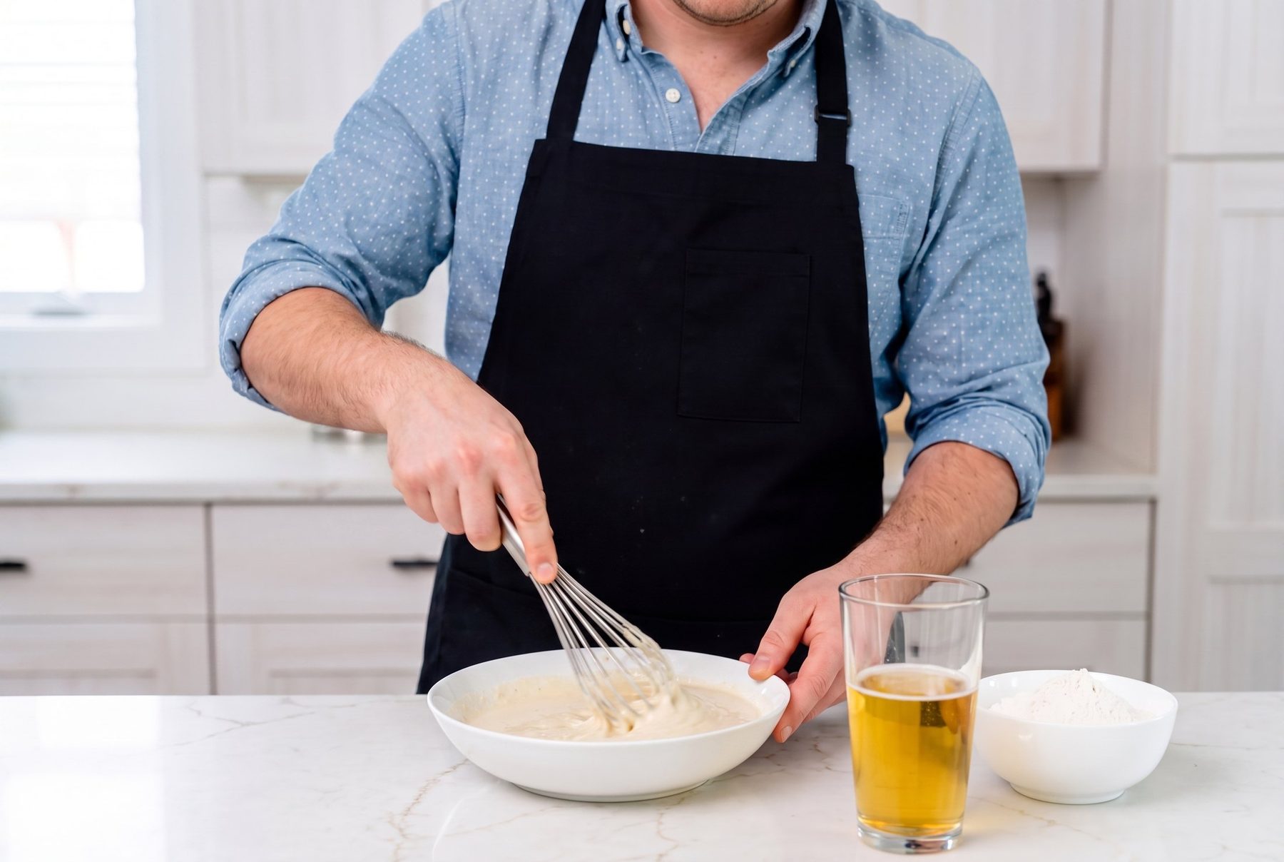 Whisking thin beer batter in a white mixing bowl