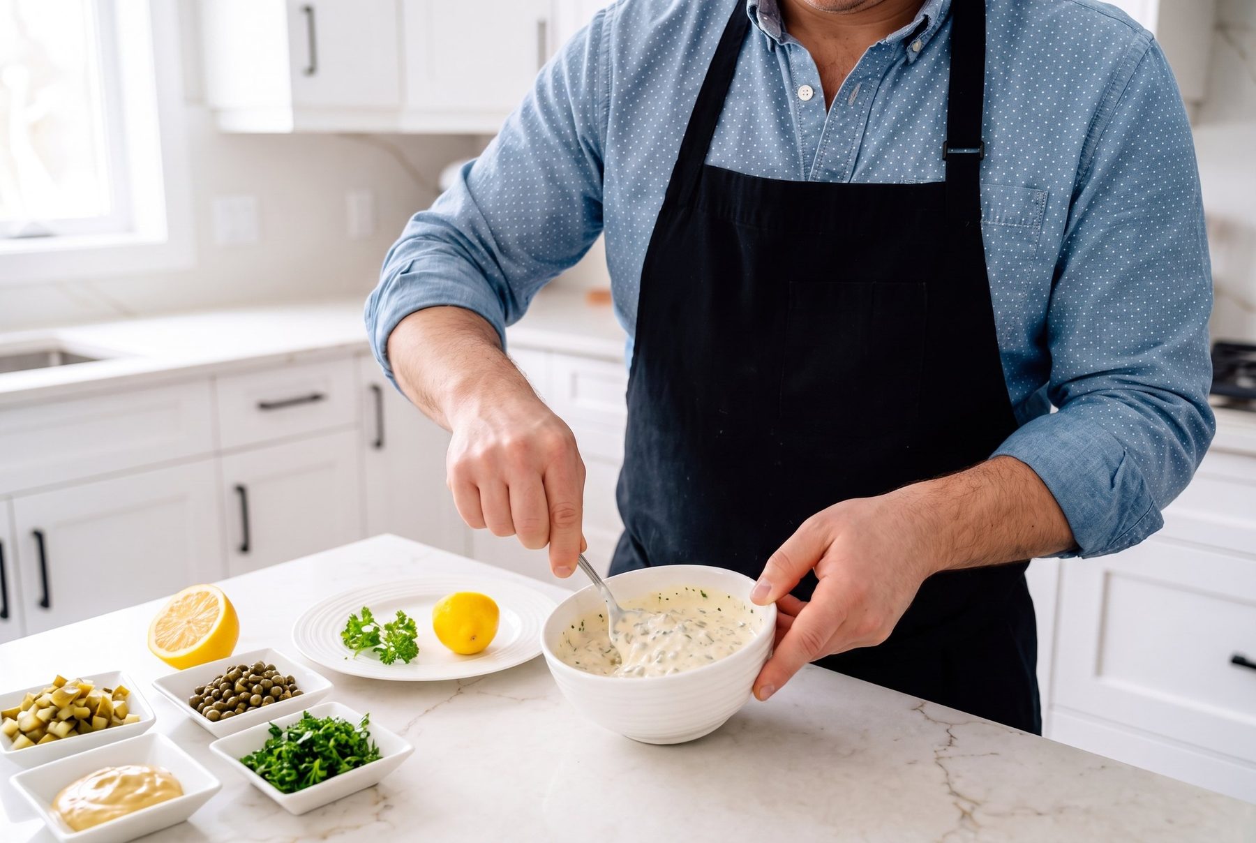 Stirring tartar sauce together in a white bowl with chopped pickle capers and parsley