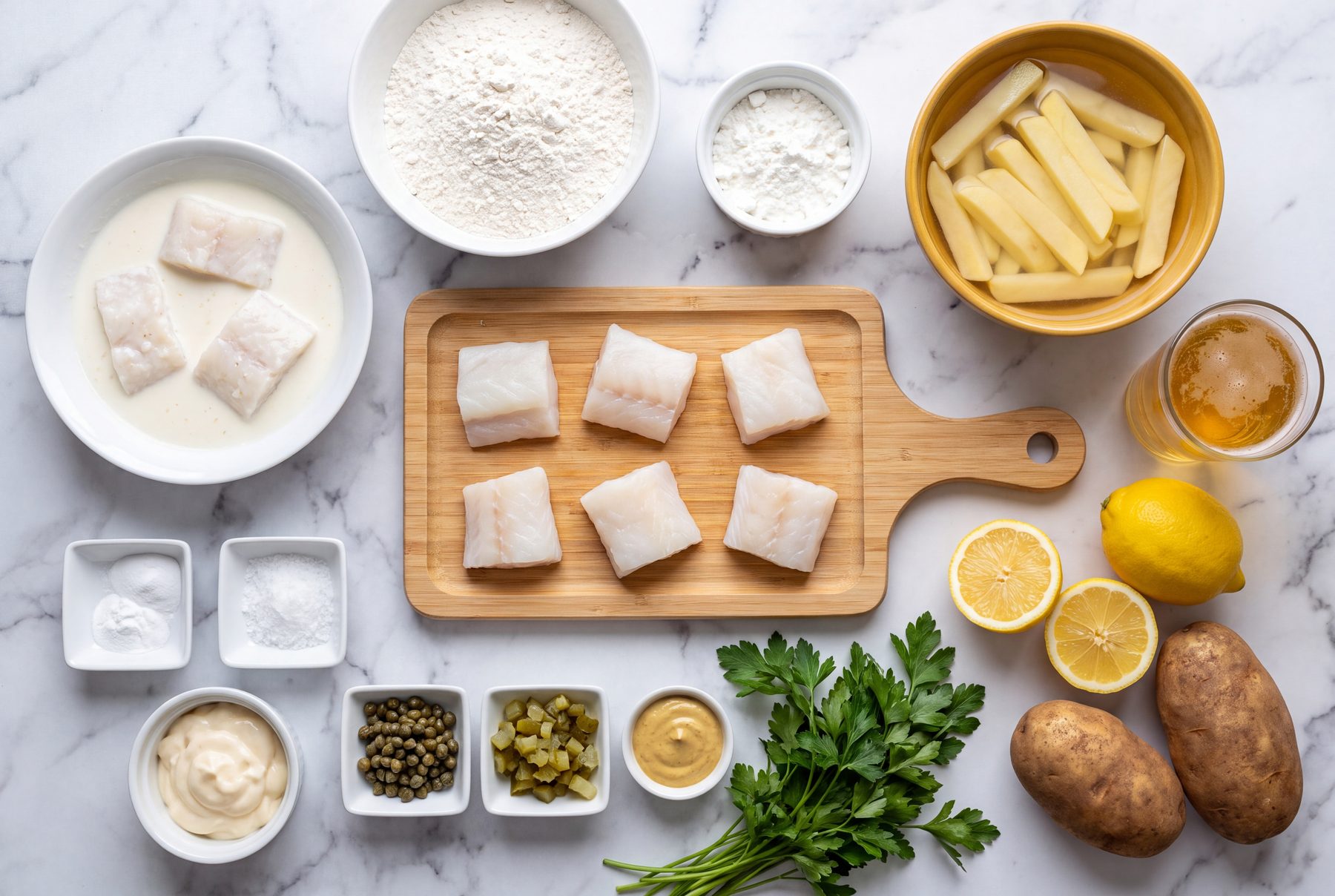 Overhead view of all the ingredients for buttermilk fish and chips on a marble countertop
