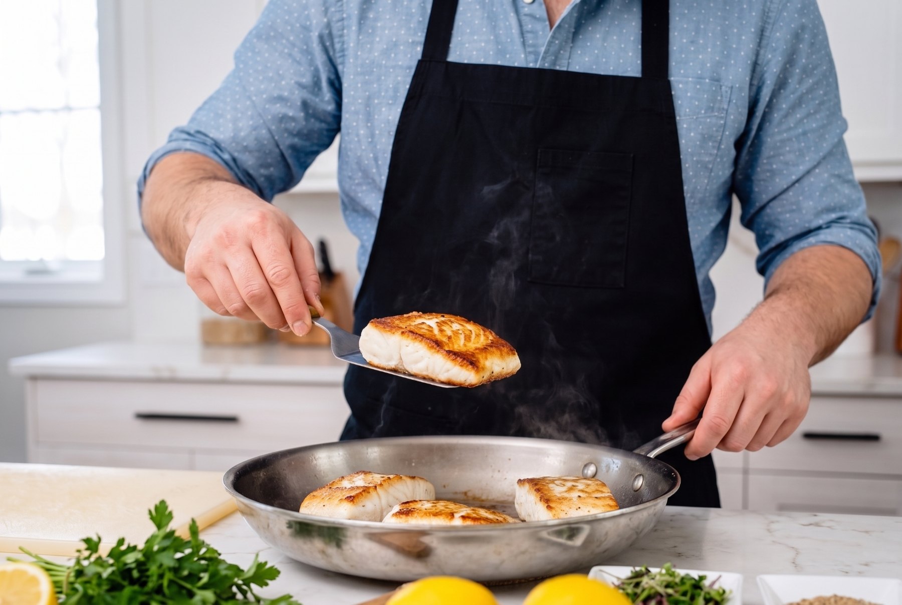 Lifting a halibut fillet with a fish spatula to show the golden brown seared side