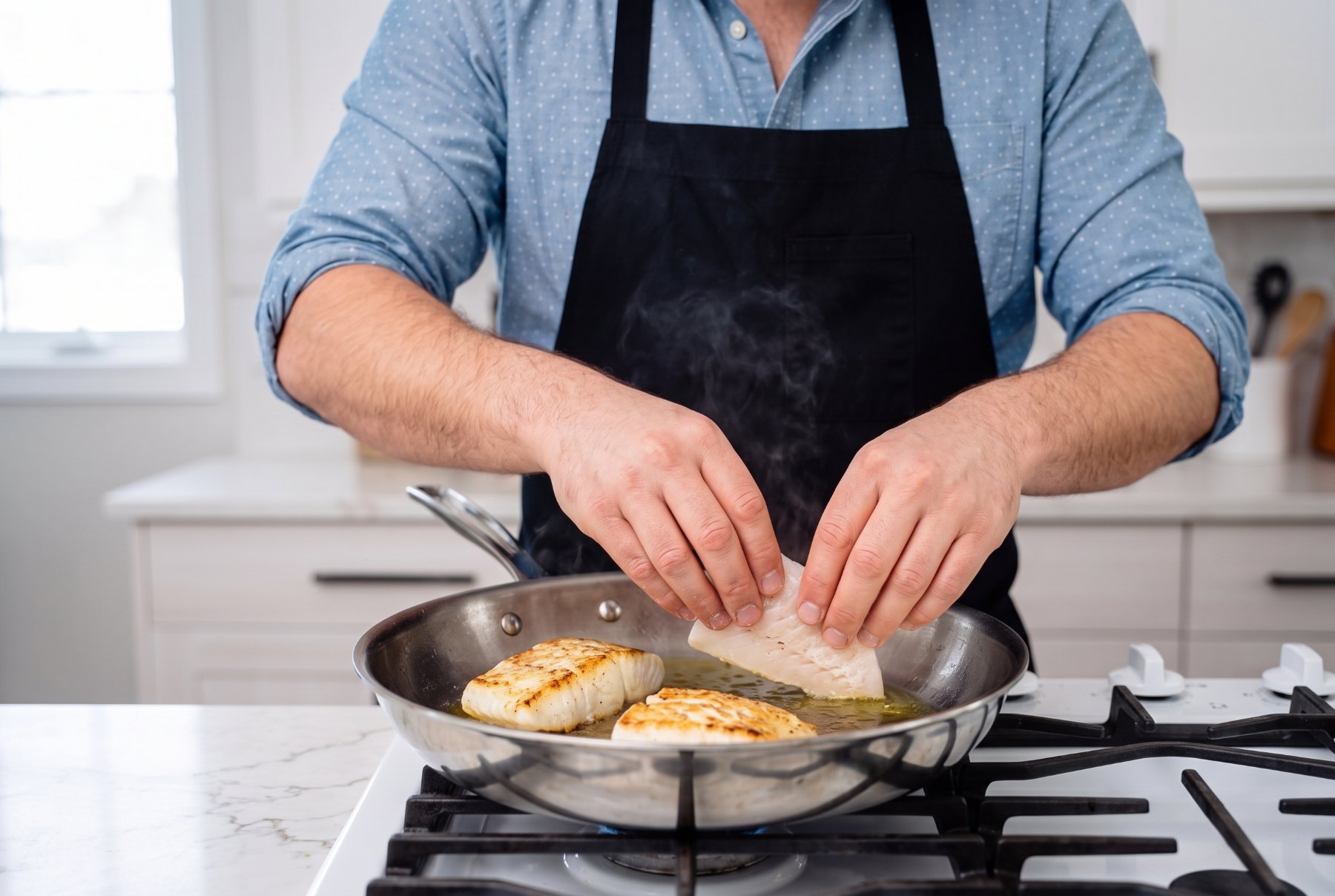 Laying a halibut fillet into a hot stainless steel skillet with shimmering olive oil
