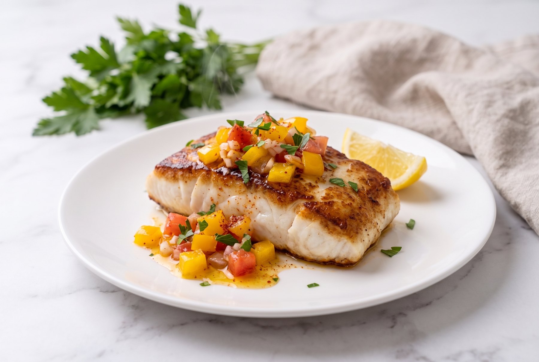 Pan-seared halibut fillet on a white plate topped with yellow bell pepper relish and a lemon wedge