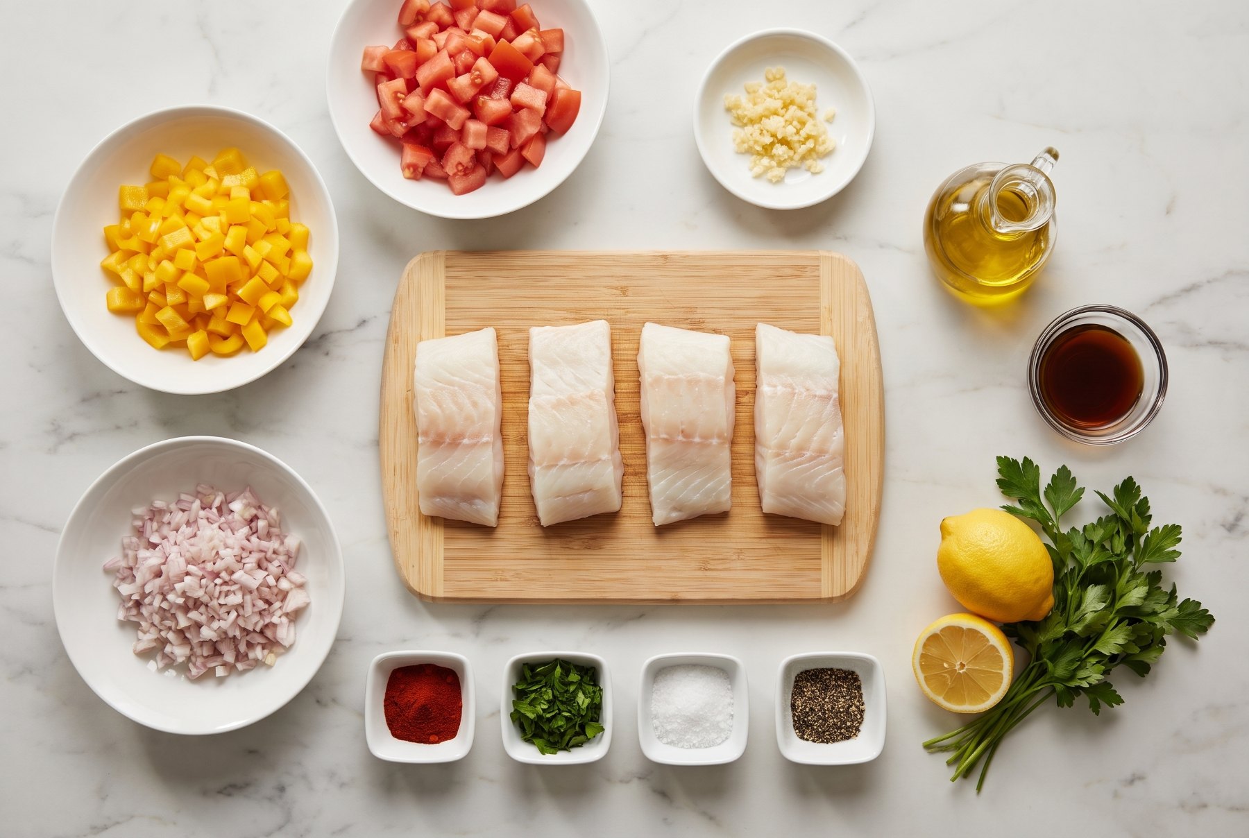 Overhead view of halibut fillets, diced yellow bell pepper, tomato, shallot and the rest of the ingredients on a marble counter