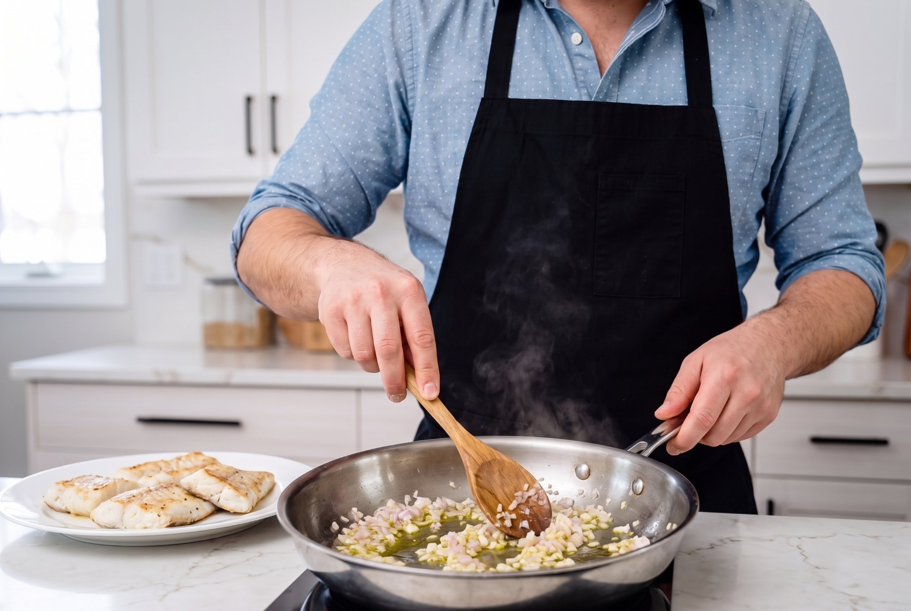 Stirring chopped shallot and minced garlic in a hot skillet with a wooden spoon