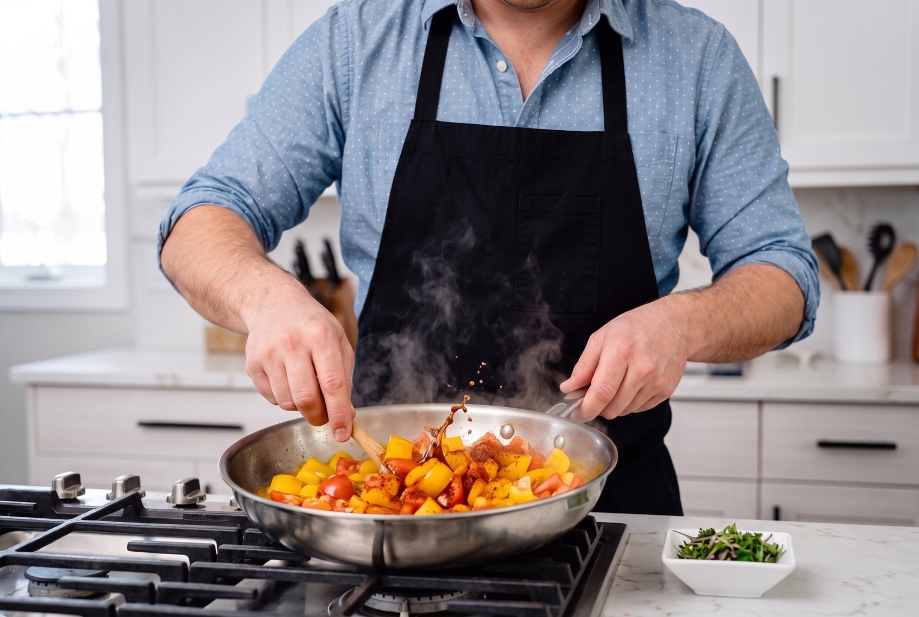 Diced yellow bell pepper and plum tomato cooking in a skillet with smoked paprika