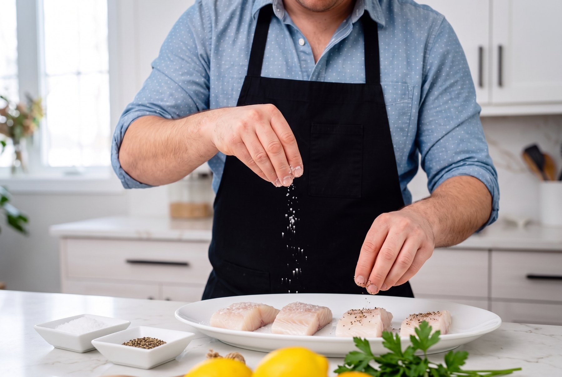 Seasoning raw halibut fillets with coarse salt and cracked black pepper on a white platter