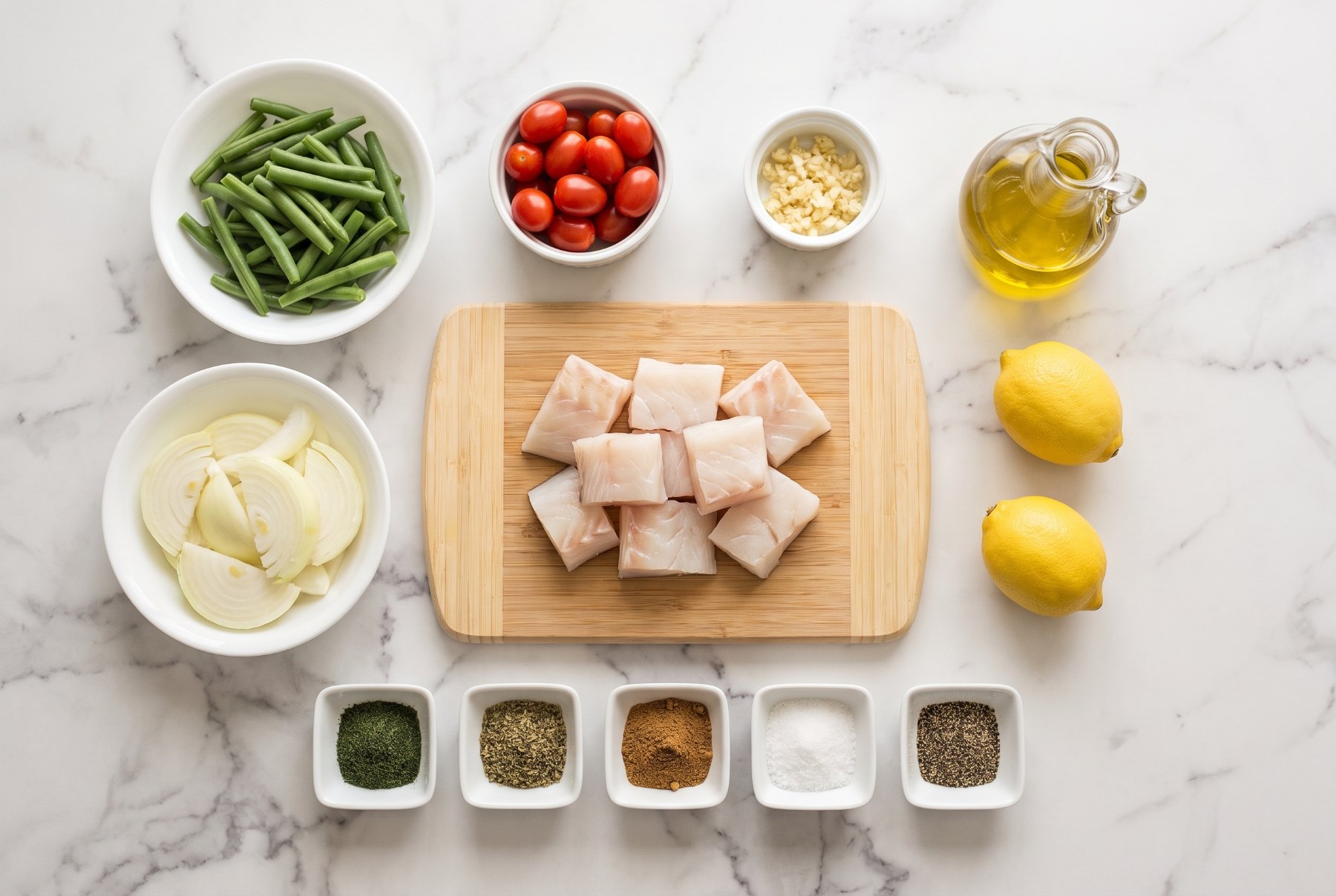 Overhead view of halibut chunks, green beans, cherry tomatoes, onion, lemons and spices on a marble counter
