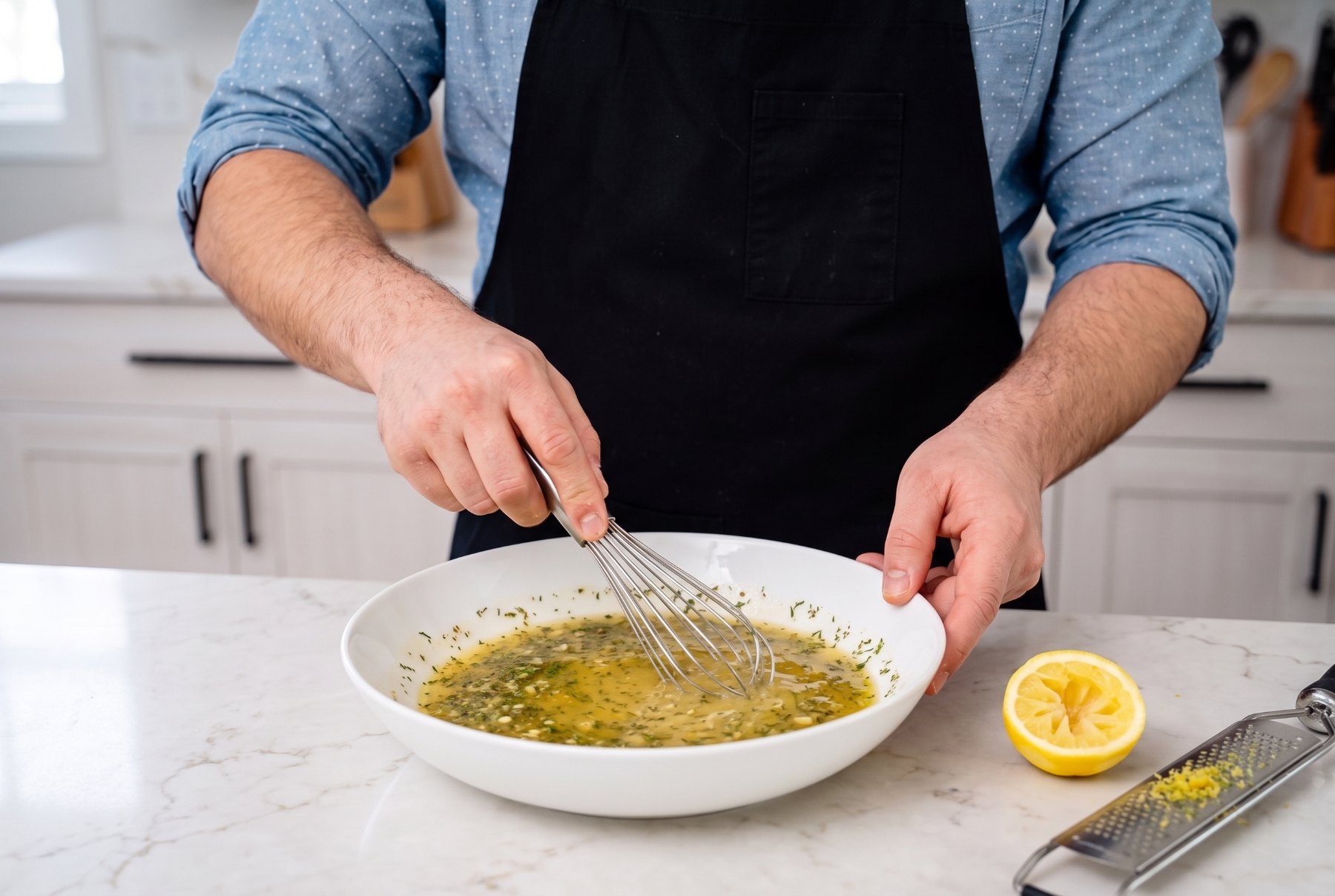 Whisking a lemon and olive oil sauce with dill and garlic in a white mixing bowl