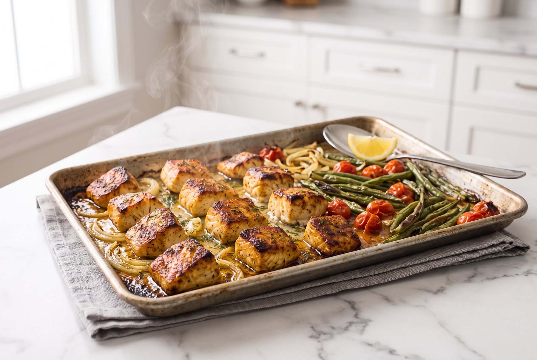 Baked halibut with a golden crust and roasted vegetables on a sheet pan with the tomatoes split open
