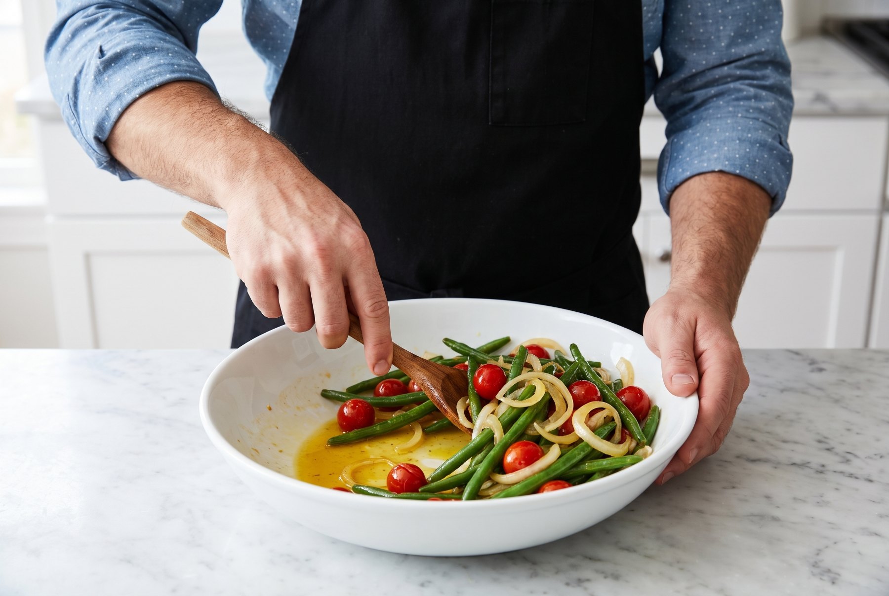 Stirring green beans, cherry tomatoes and sliced yellow onion through lemon olive oil sauce in a white bowl