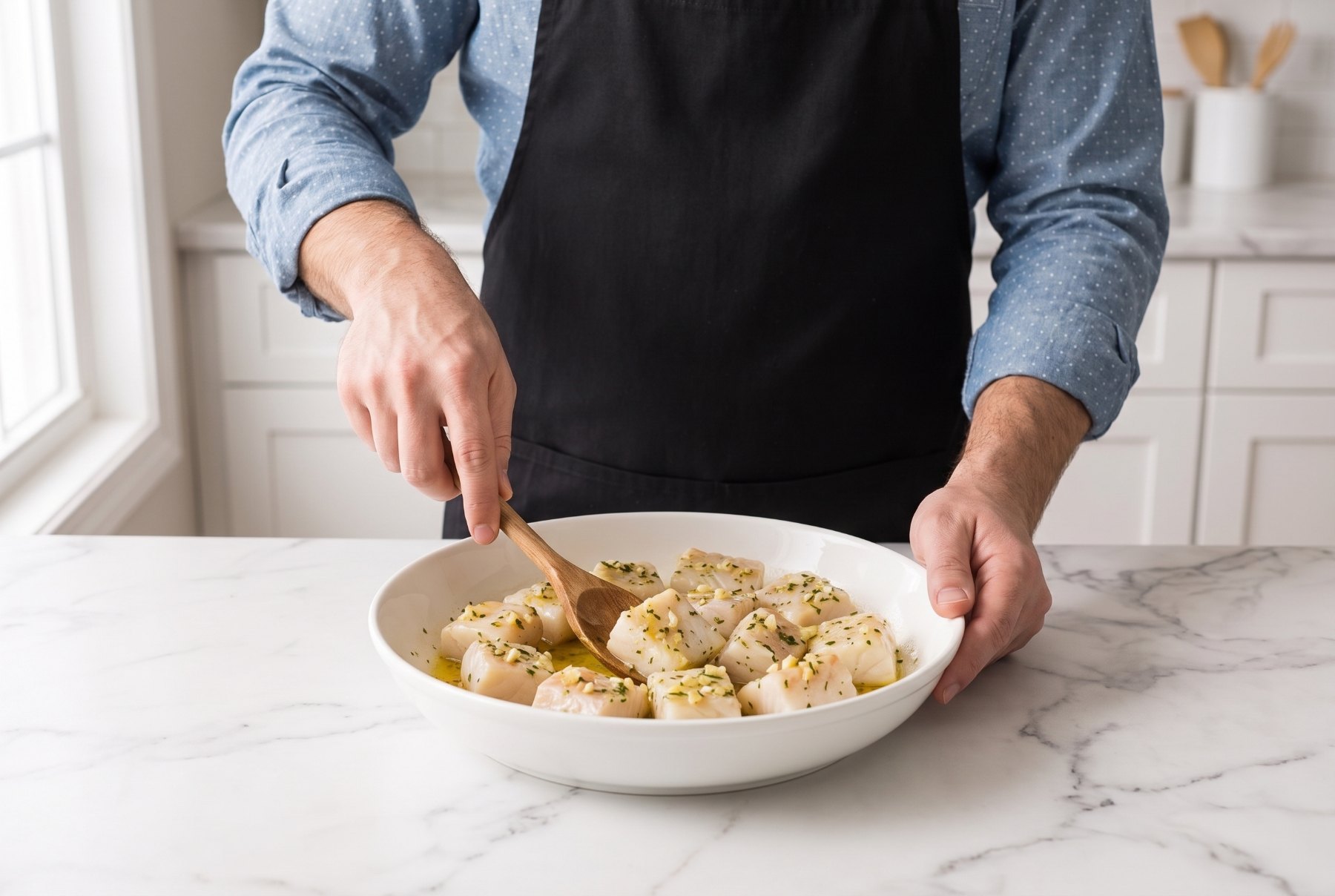 Turning chunks of raw halibut through lemon and olive oil sauce in a white bowl