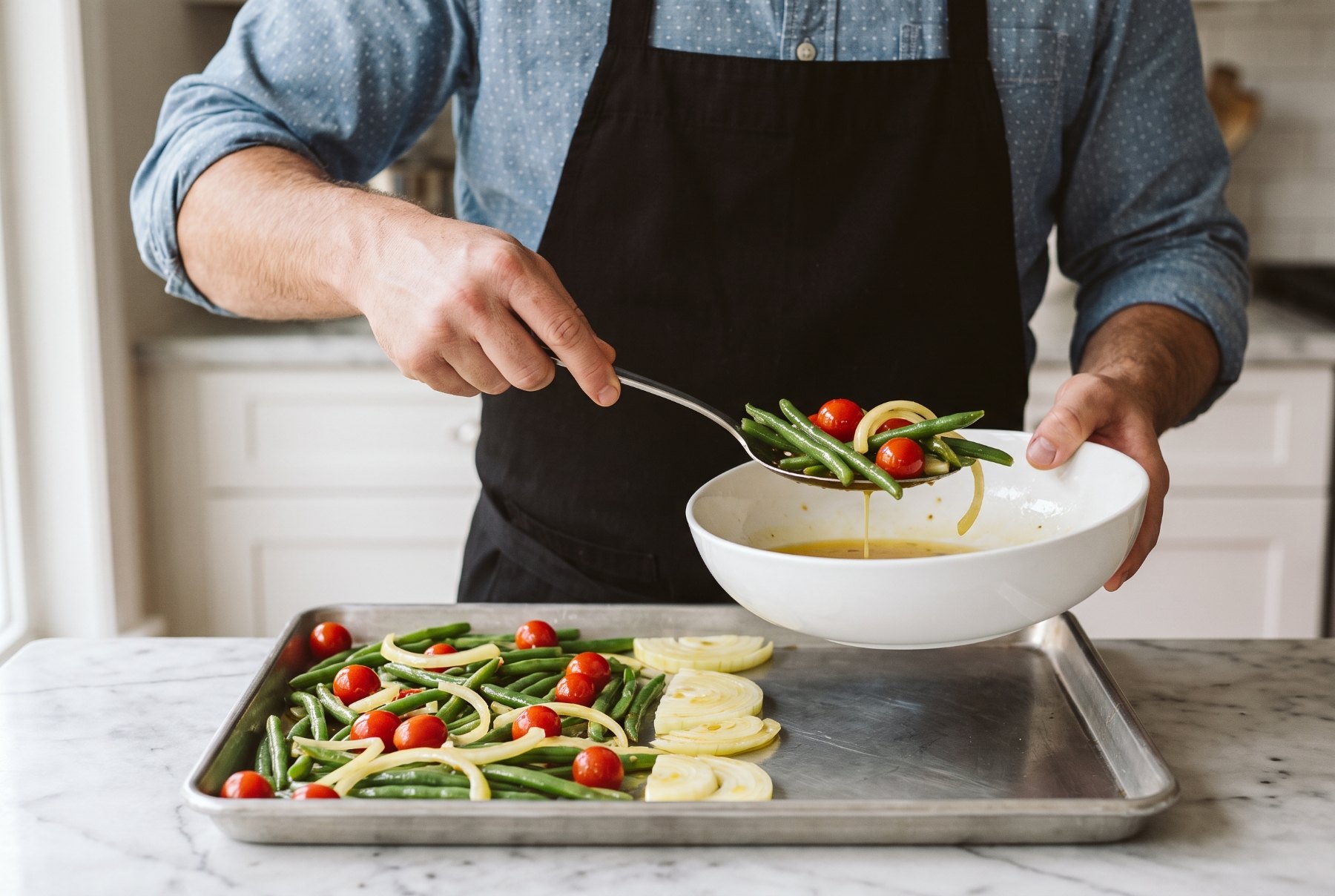 Lifting dressed vegetables out of a bowl with a slotted spoon onto one half of a sheet pan