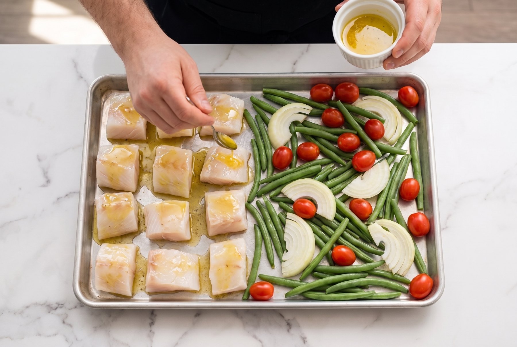 Sheet pan loaded with raw halibut chunks on one side and dressed vegetables on the other, ready for the oven