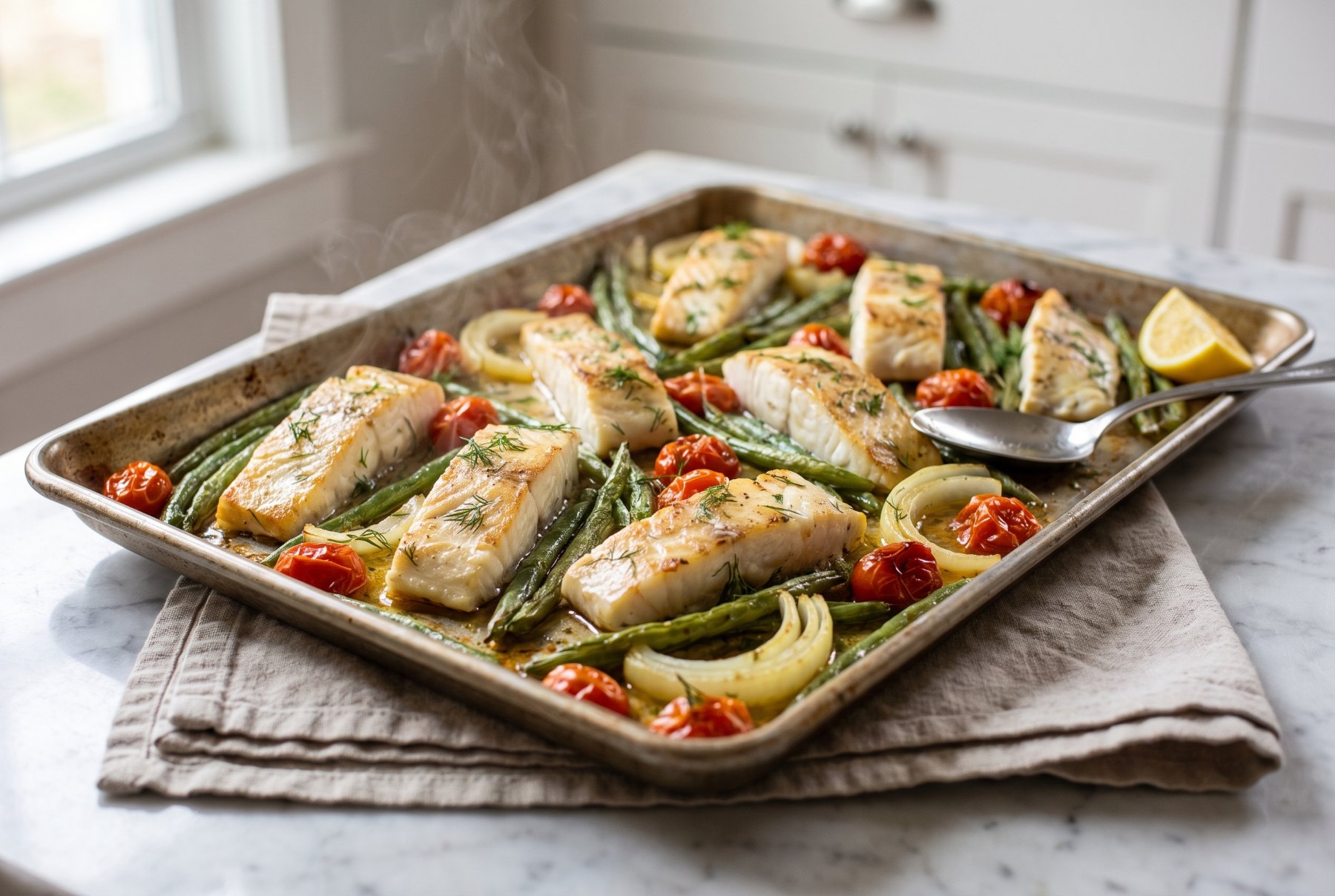 Baked halibut strips and roasted vegetables on a sheet pan with the tomatoes split open