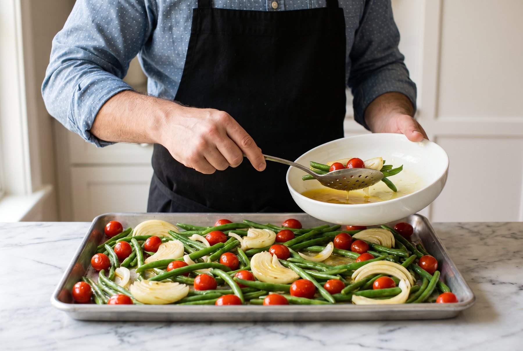 Lifting dressed vegetables out of a bowl with a slotted spoon and spreading them across a sheet pan