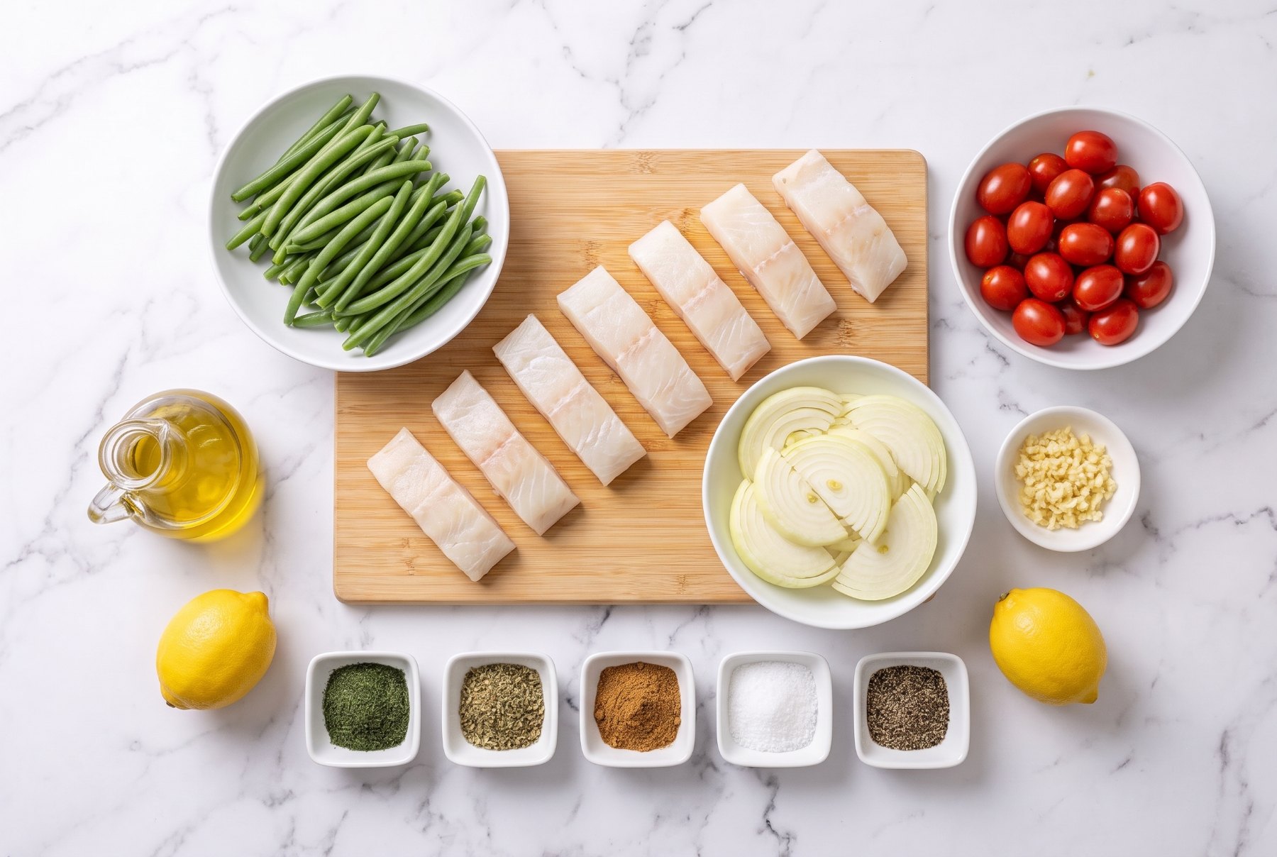 Overhead view of halibut cut into even strips with green beans, cherry tomatoes, onion, lemons and spices on a marble counter