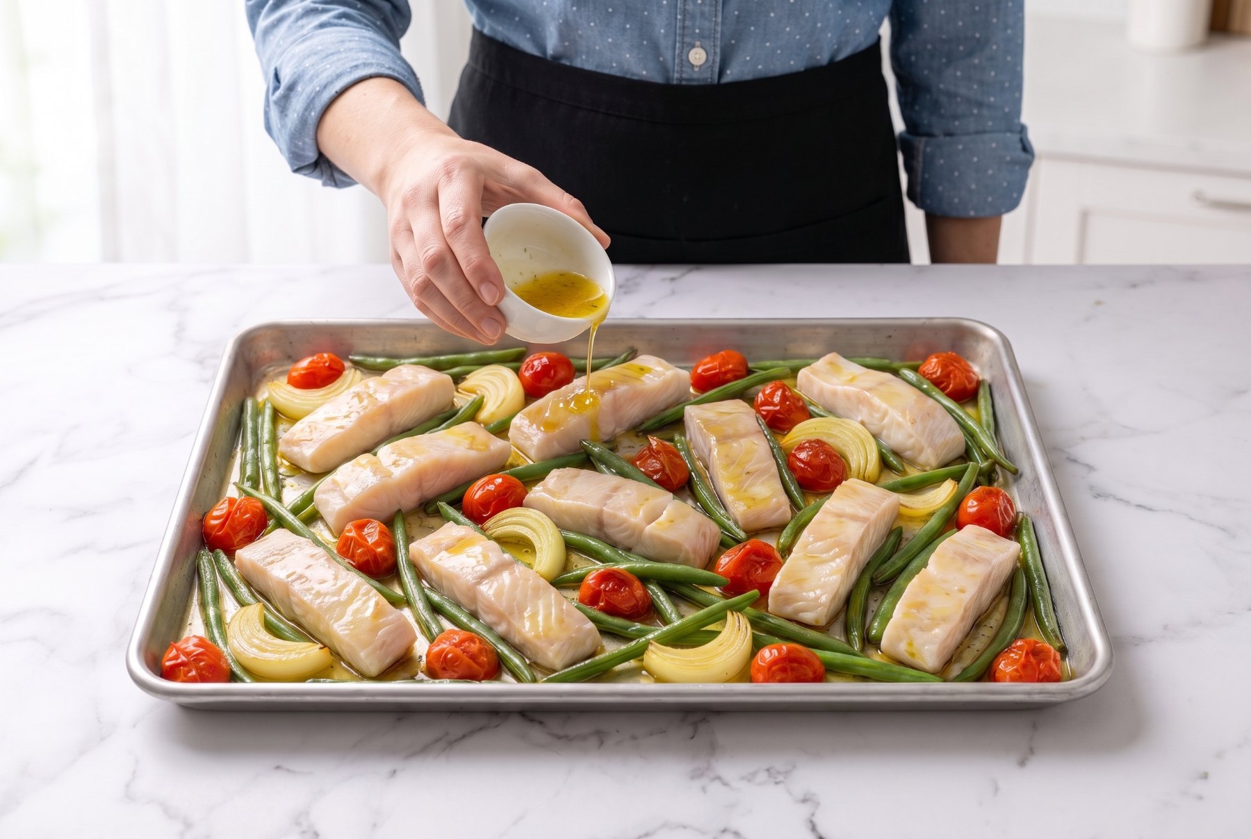 Sheet pan with raw halibut strips spaced out among green beans, cherry tomatoes and onion, ready for the oven