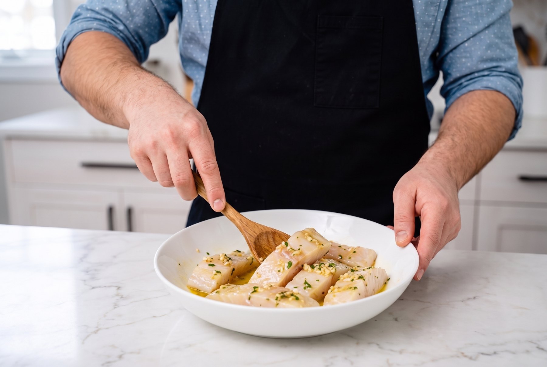 Turning strips of raw halibut through lemon and olive oil sauce in a white bowl