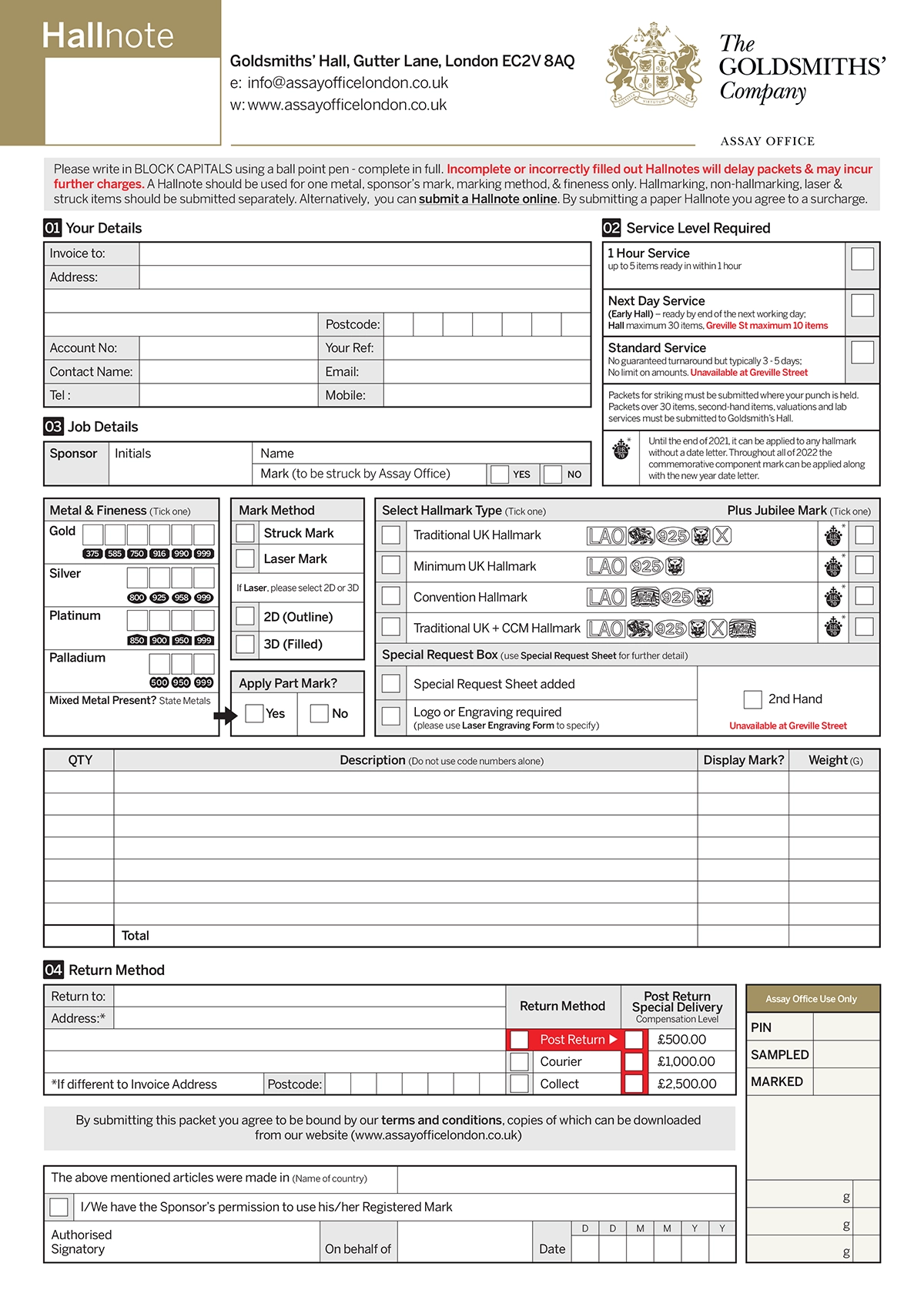 Assay Office Hallmark Form