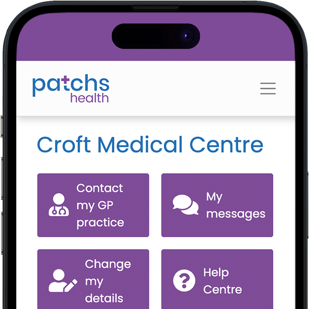 The image shows an iPhone open on the PATCHS health dashboard showing multiple options to get help for health issues including "contact my gp practice, my messages, change my details and help centre"
