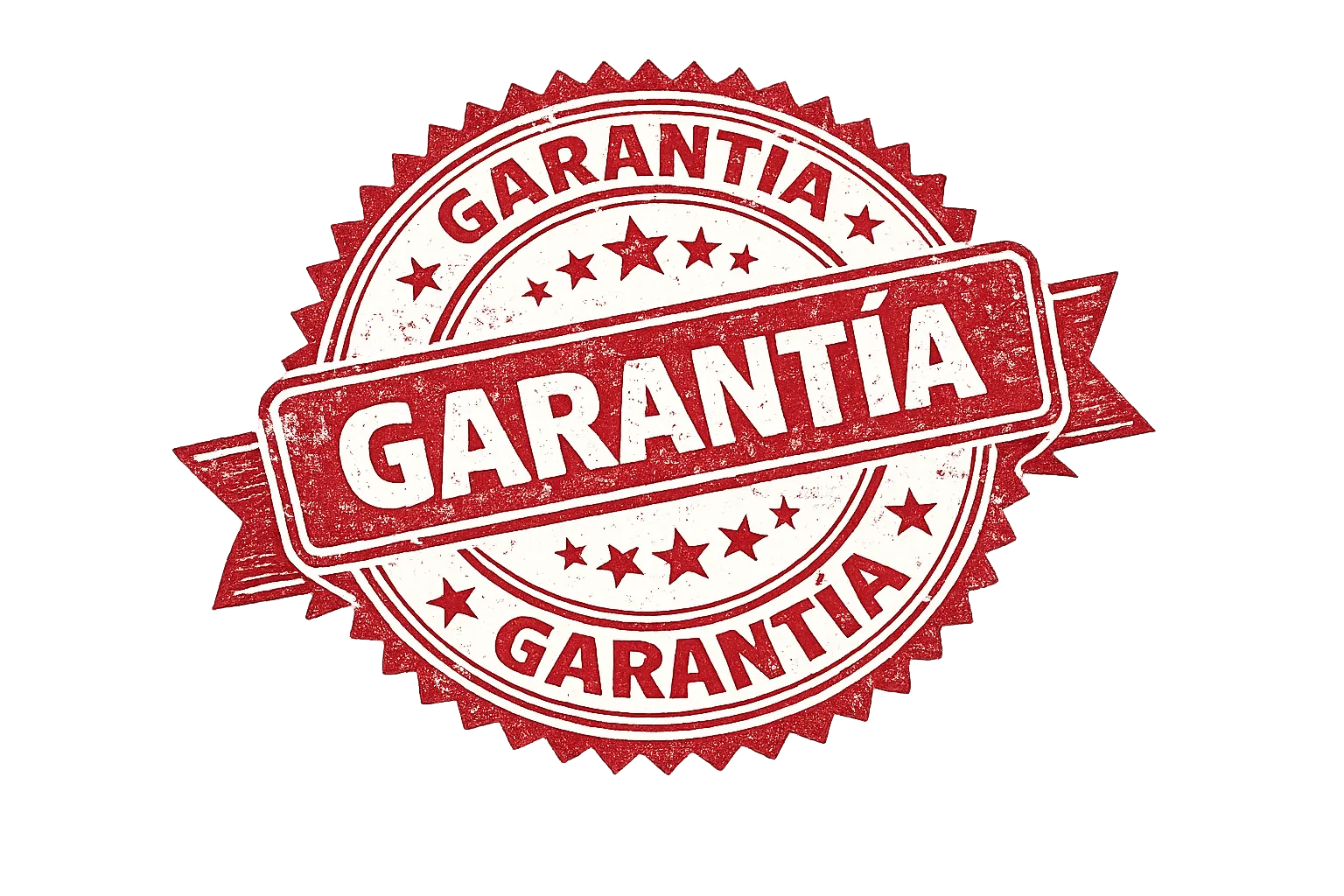 Red vintage-style circular guarantee seal with the word 'GARANTÍA' in bold letters across the center and repeated around the edge.