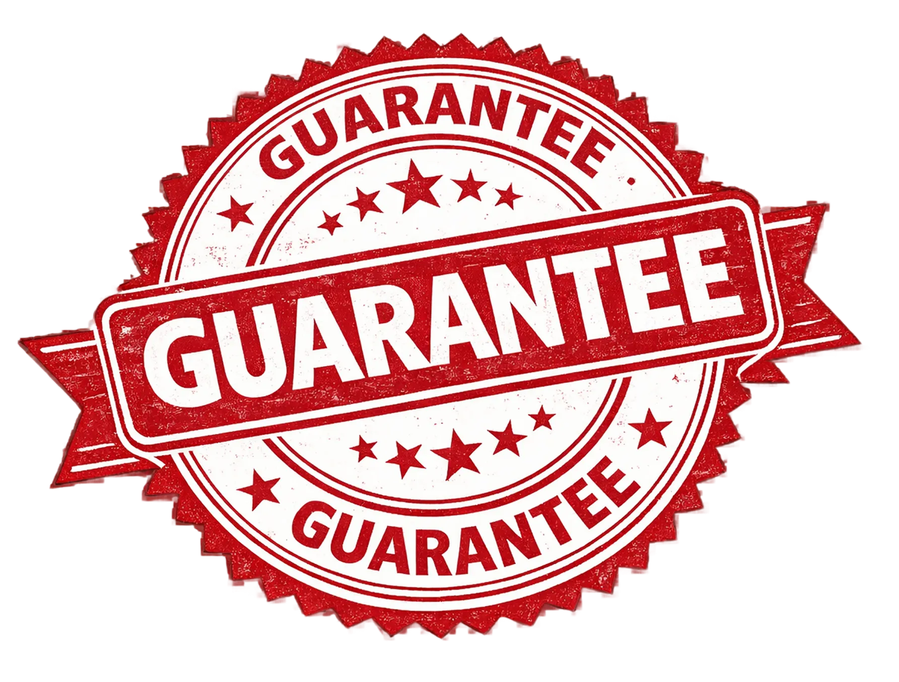 Red vintage-style circular guarantee seal with the word 'GARANTÍA' in bold letters across the center and repeated around the edge.