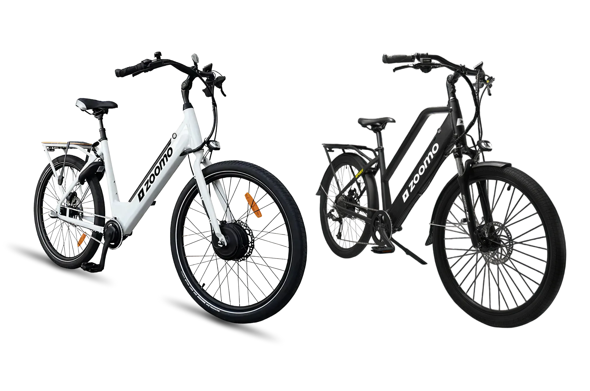 Two Zoomo electric bikes, one white and one black, viewed from the front side on a white background.
