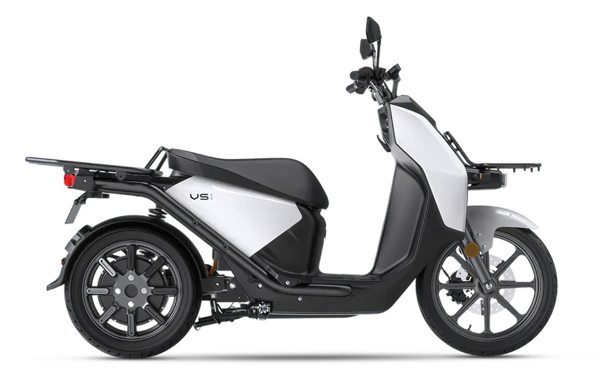 Side view of a modern three-wheeled electric scooter with a storage box mounted at the rear.