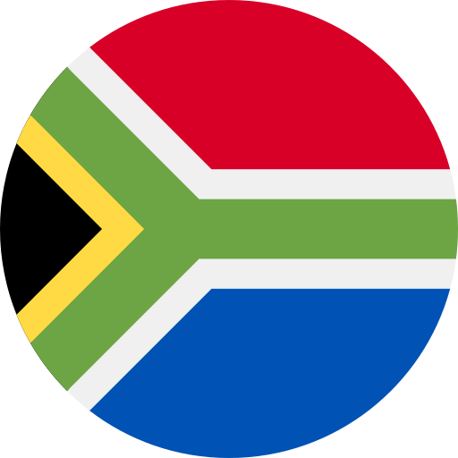 Circular icon of the South African flag with red, blue, green, black, yellow, and white colors.
