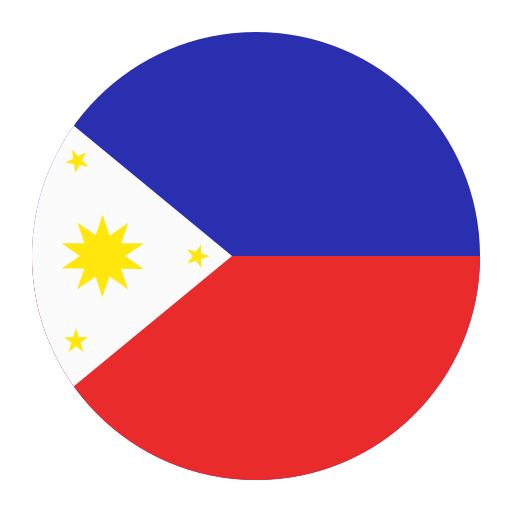 Circular icon of the Philippines flag with blue upper half, red lower half, and white triangle containing a yellow sun and three stars.