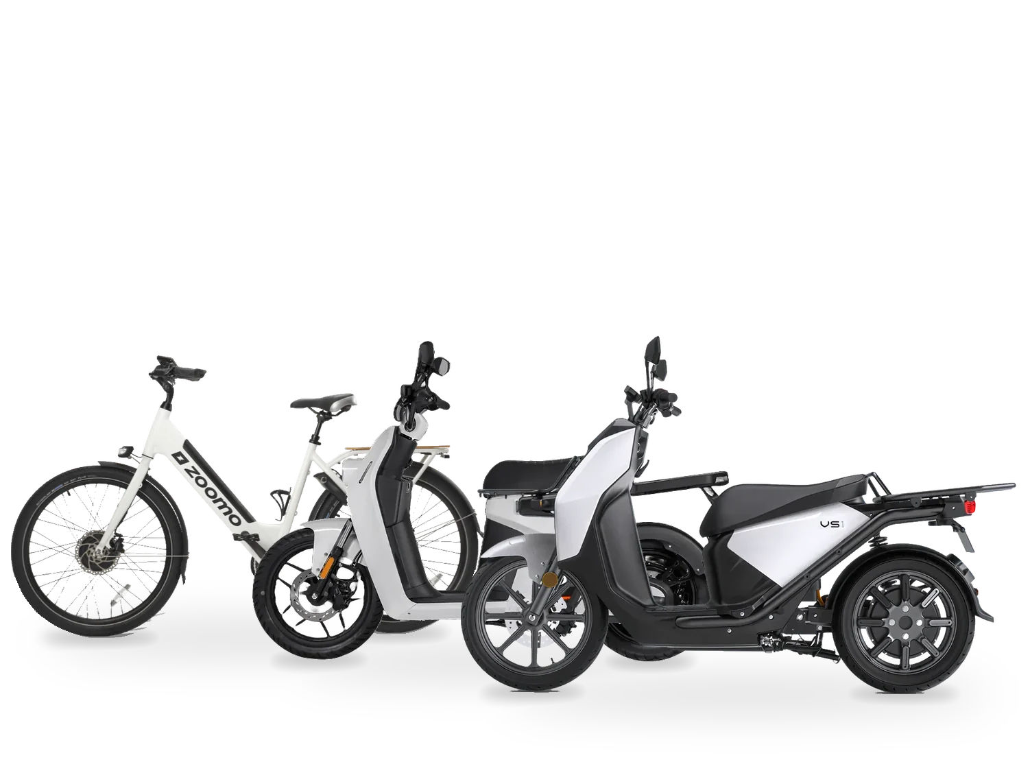 Moto eléctrica Vmoto VS1 125 cc, moto eléctrica de 49 cc y bici eléctrica Zoomo Zero para flotas de reparto