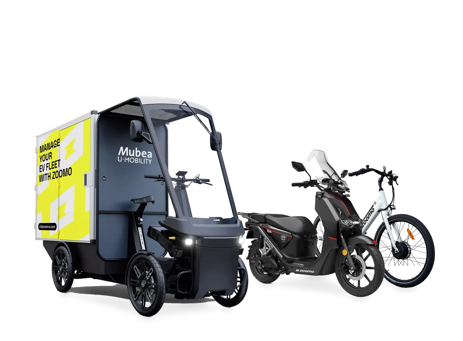 Zoomo-branded Mubea cargo bike with a Super Soco CPx e-moped and a Zoomo Zero e-bike for business delivery fleets
