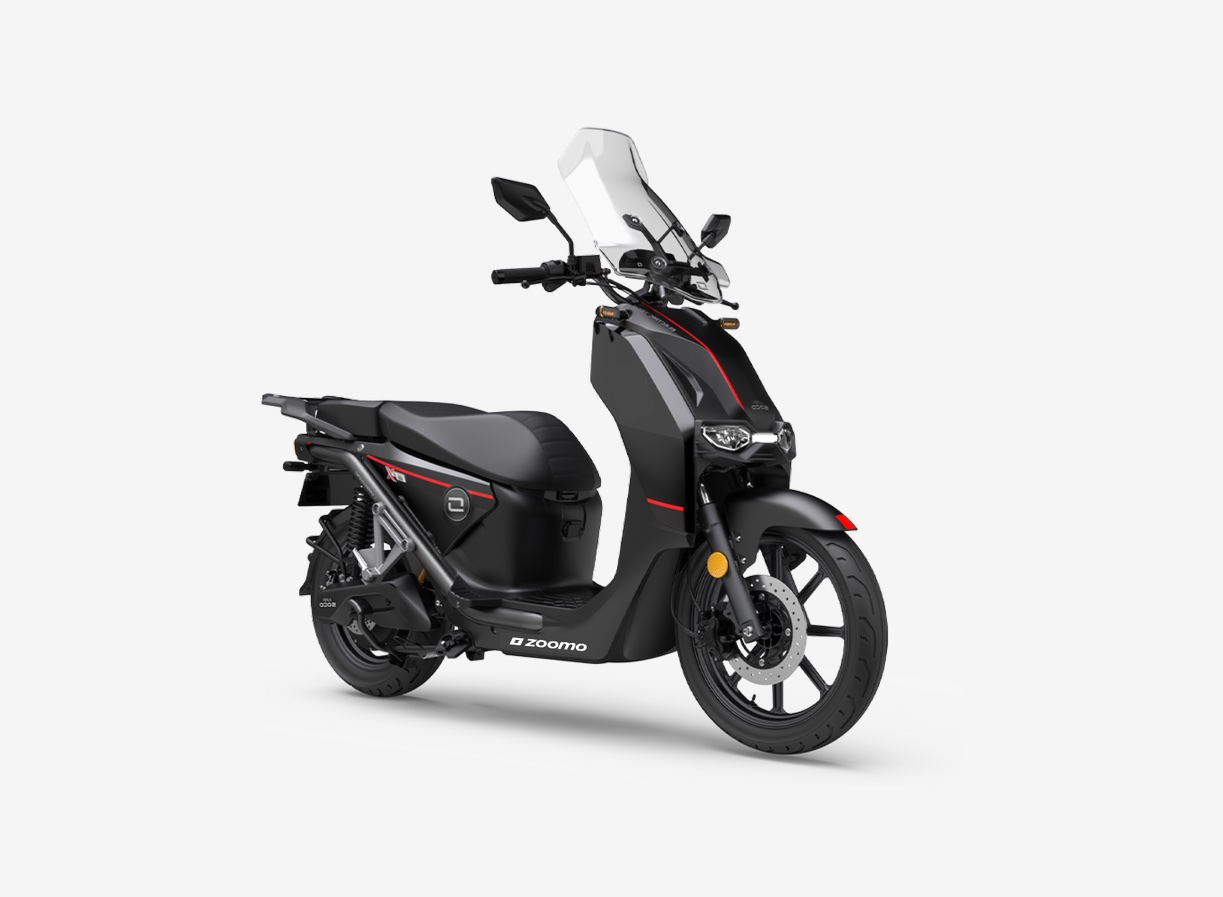 Black Super Soco CPx electric moped with Zoomo branding