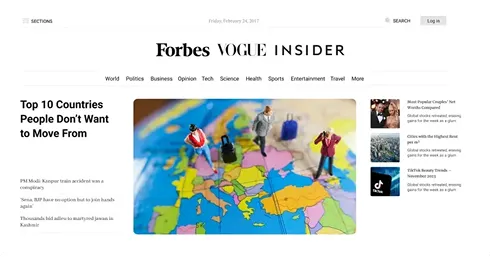 Forbes Vogue Insider article titled 'Top 10 Countries People Don’t Want to Move From' with a photo of miniature people standing on a colorful world map.