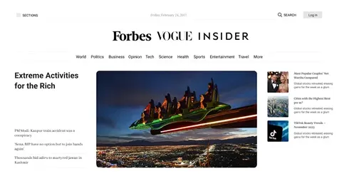 Forbes VOGUE INSIDER website homepage showing the headline Extreme Activities for the Rich with an image of people riding a flying hoverboard over a cityscape at night.
