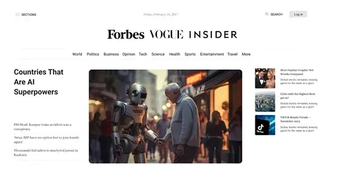 Older man looking at a humanoid robot standing on a city street at night.