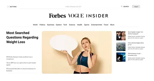 Forbes Vogue Insider webpage showing 'Most Searched Questions Regarding Weight Loss' with an image of a woman in workout clothes holding a large speech bubble.