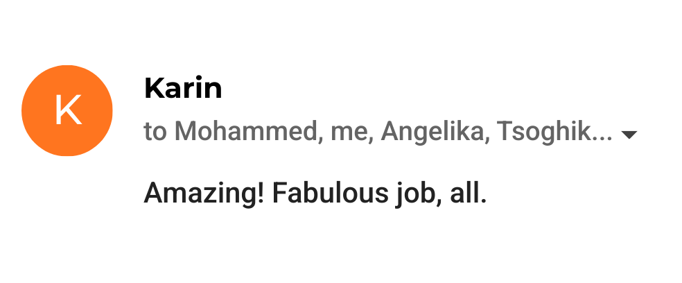 Email snippet from Karin to Mohammed, me, Angelika, Tsoghik, praising with 'Amazing! Fabulous job, all.'