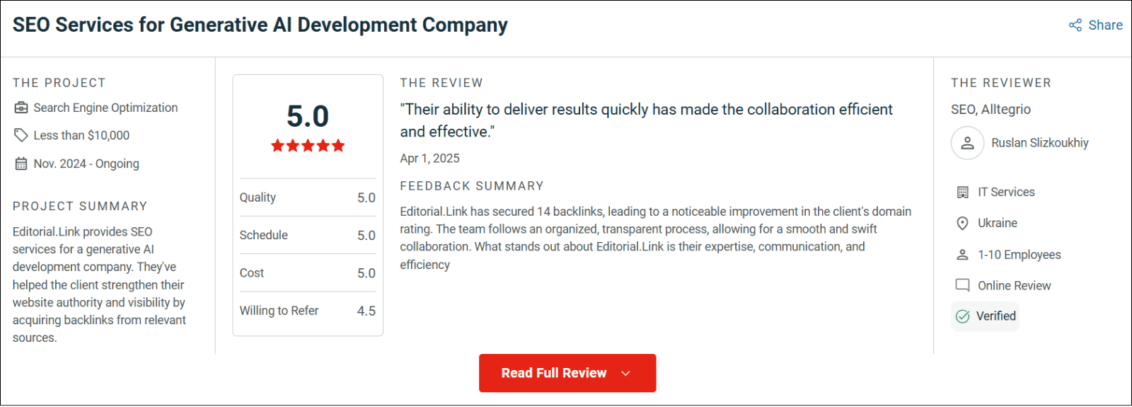 editorial link client testimonial