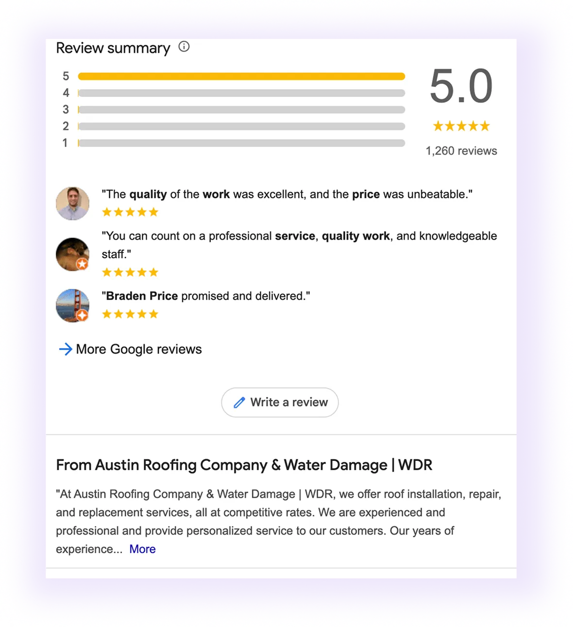 Google review for roofing