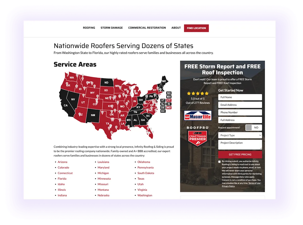  location page for roofing service seo
