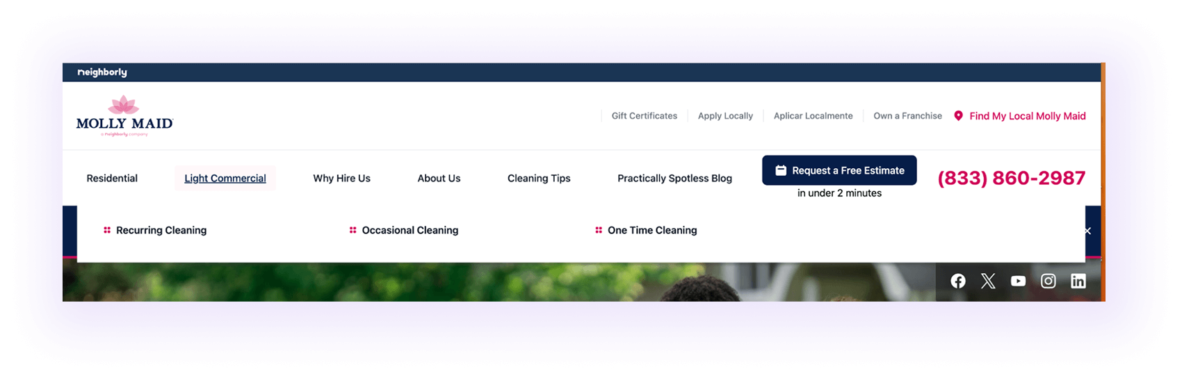 An example of a cleaning website navigation menu with residential category