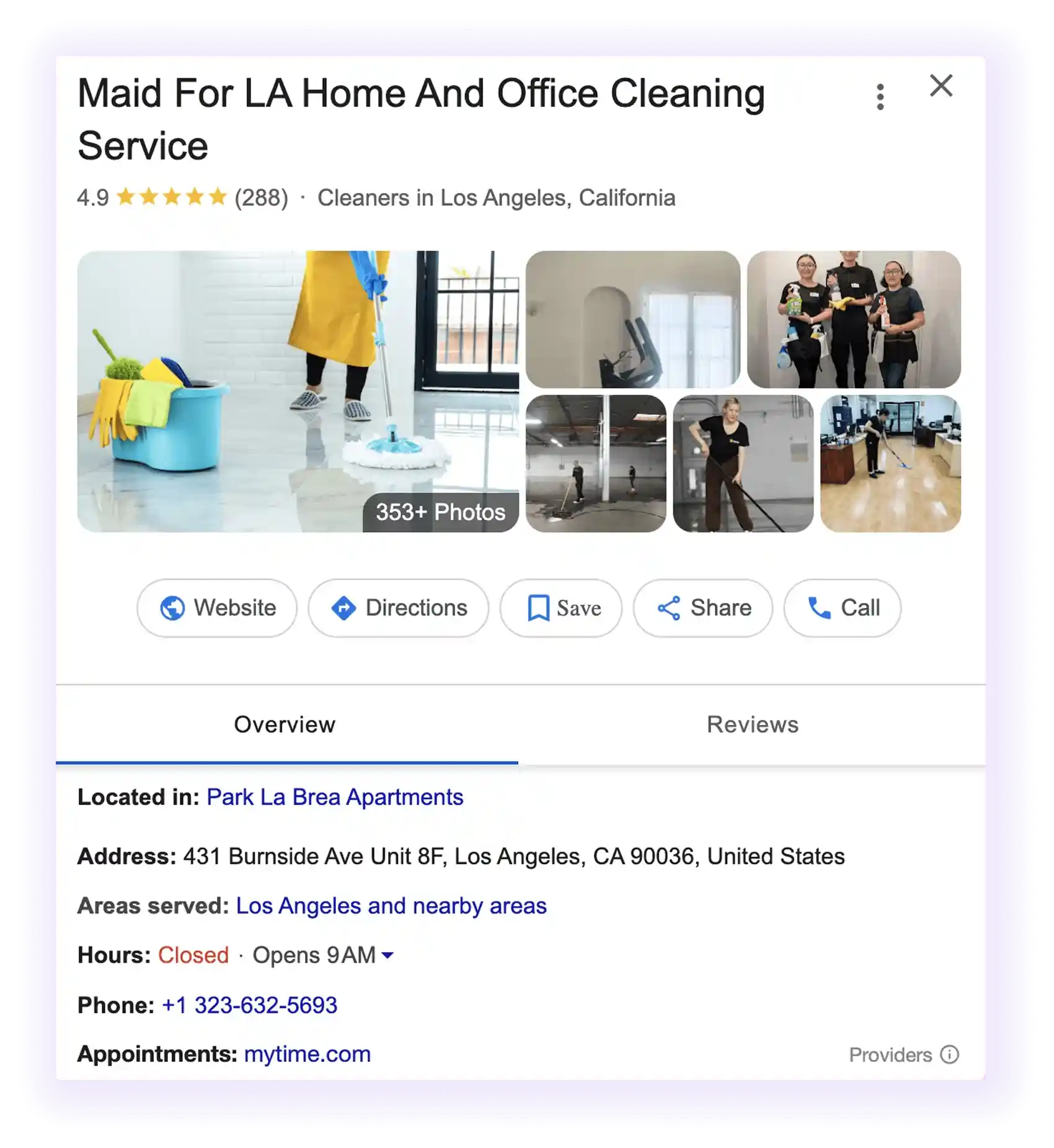 Google Business Profile overview example for a cleaning company