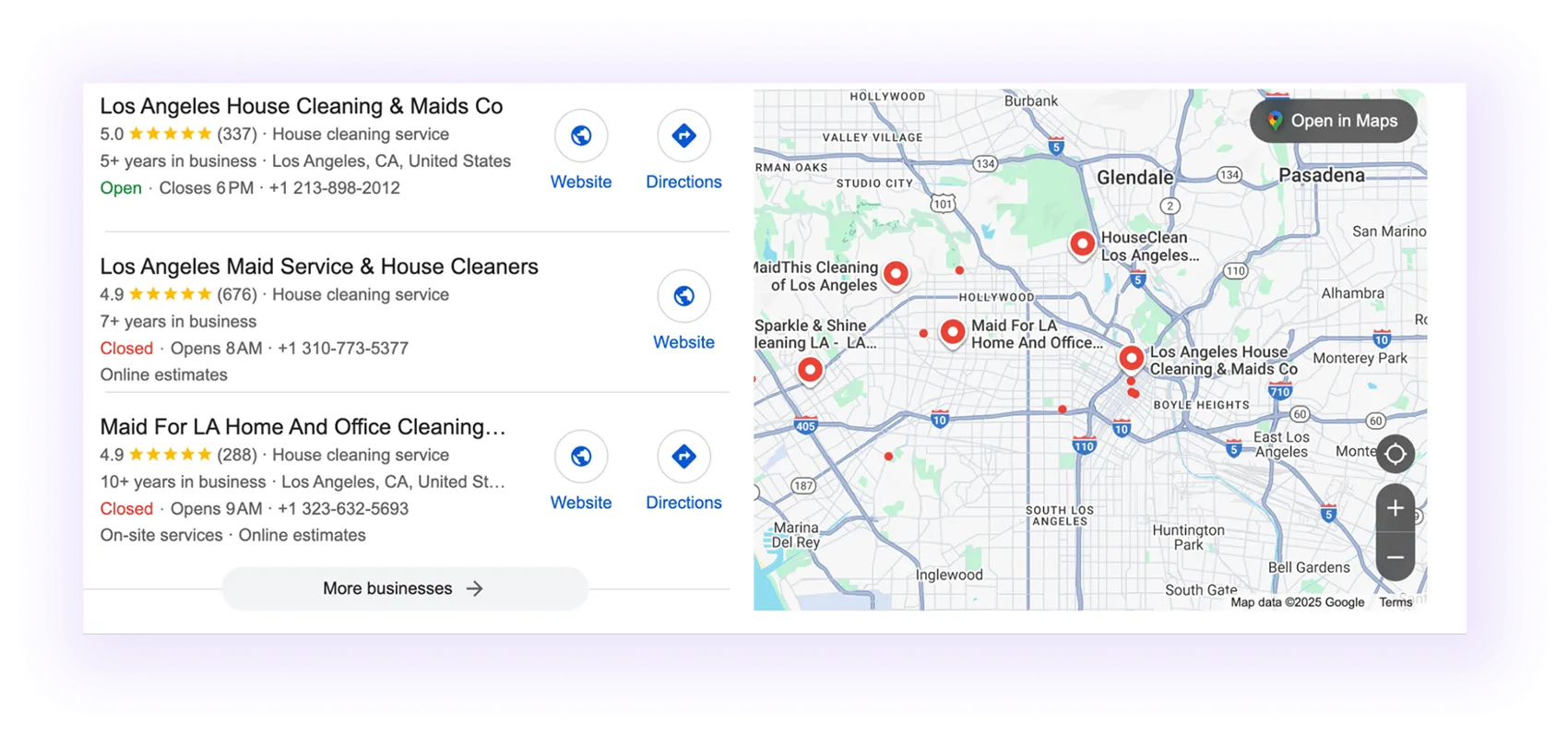 Cleaning companies' Google Business Profiles showing up in a map