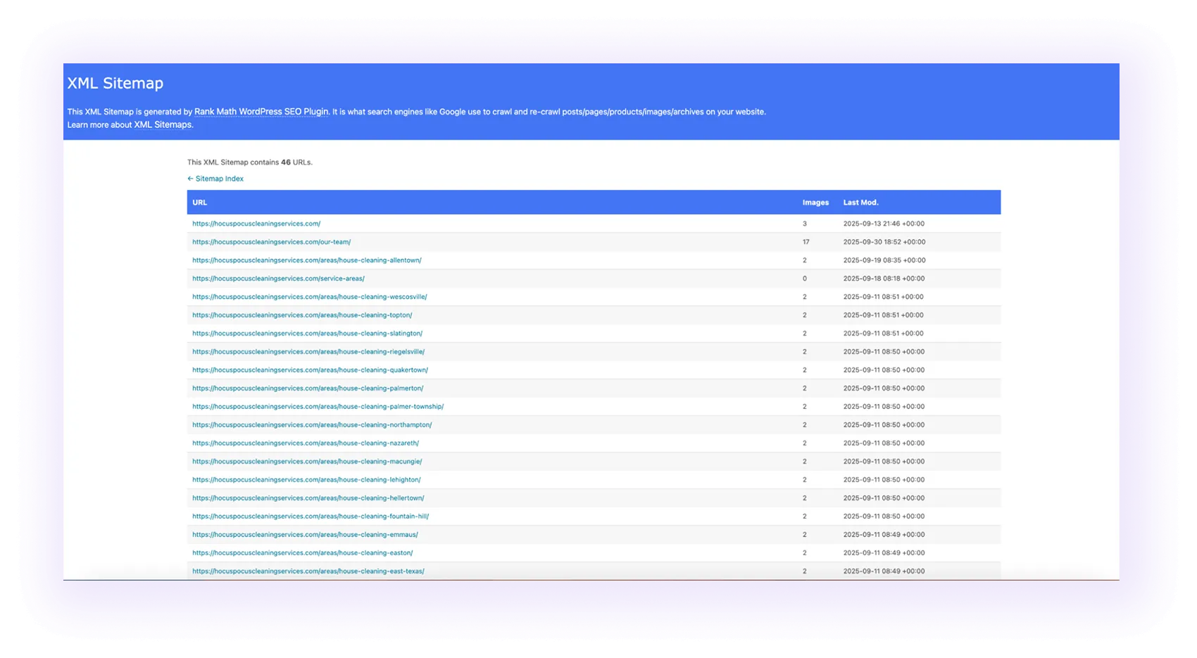 example of an optimized XML sitemap for a cleaning services website