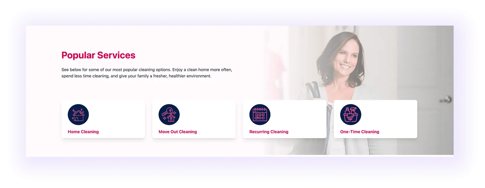 example of an internal linking from a service page to subcategories in a cleaning services website