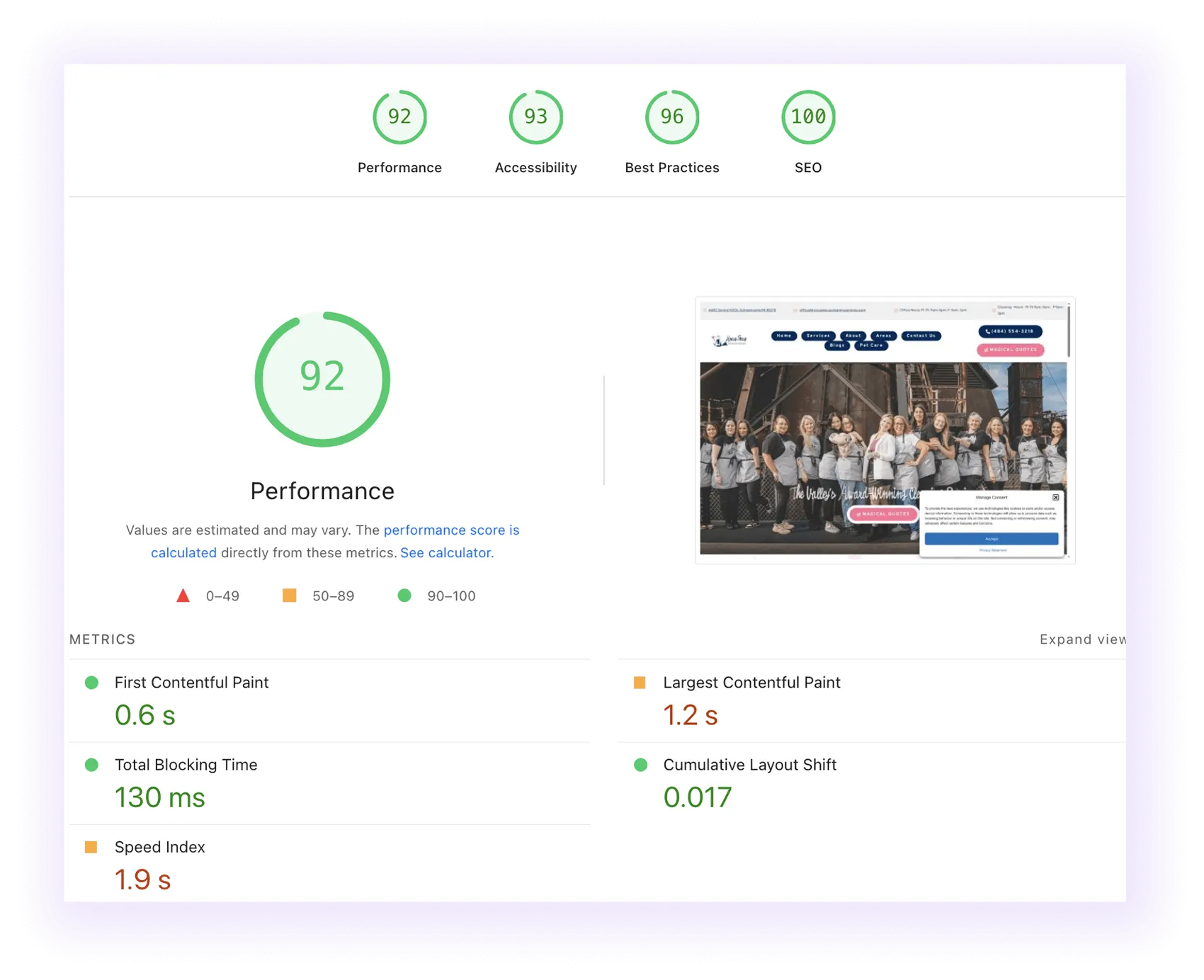 Performance score and core web vitals of a clearing services website
