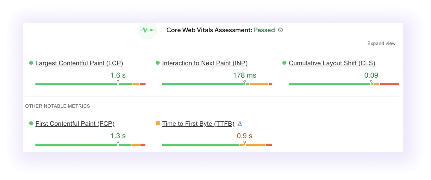 Core web vitals assessment of a clearing services website