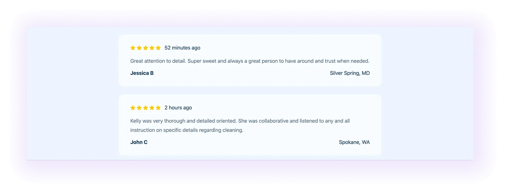 Testimonials and reviews block on a cleaning services website